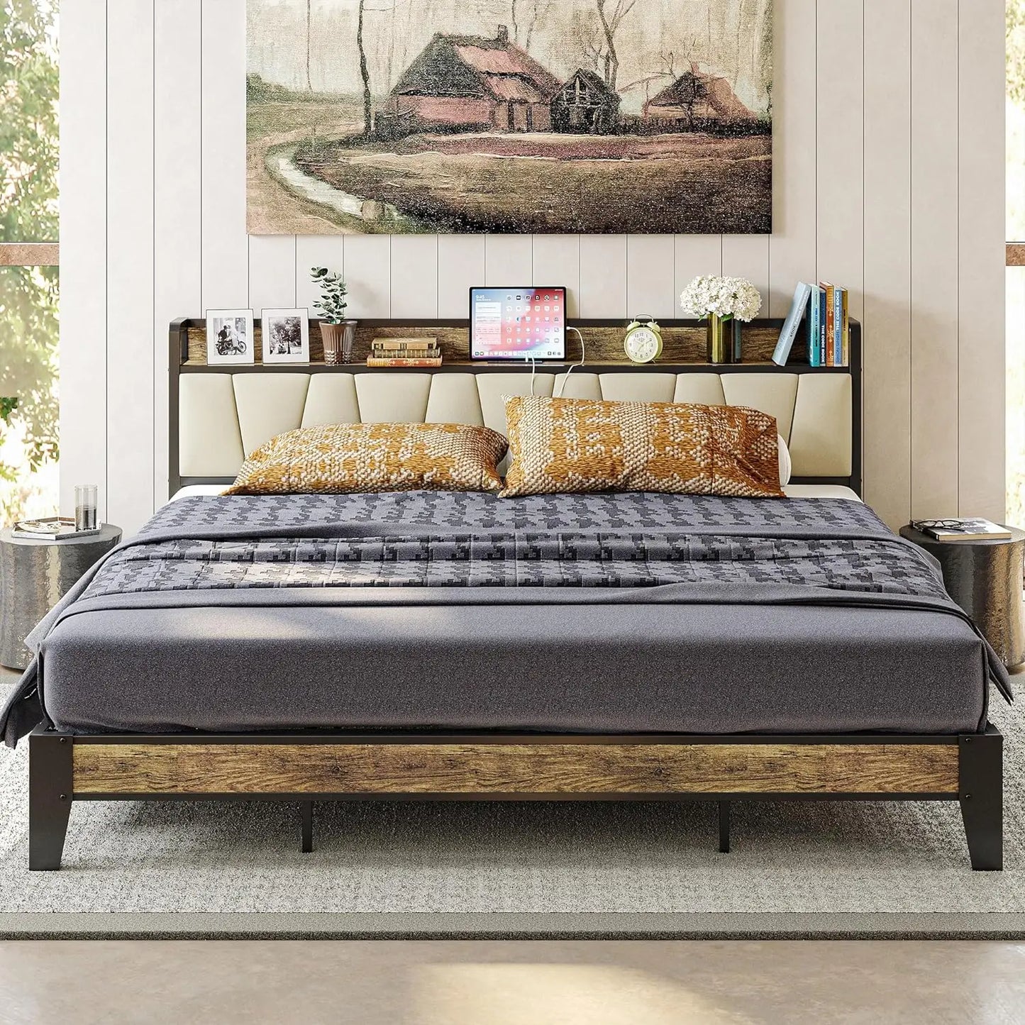 LIKIMIO King Bed Frame, Storage Headboard with Charging Station, Solid and Stable, Noise Free, No Box Spring Needed