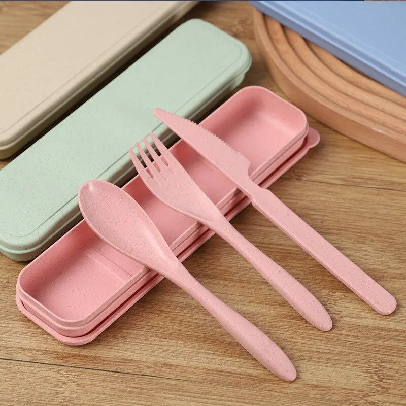 24PCS Home Outdoor Plastic Dining Plate Bowl Wheat Straw Plate Bowl Cup Knife Spoon Tableware Set