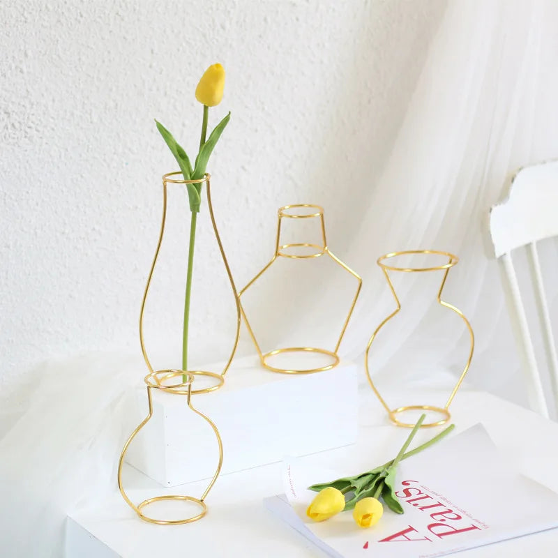 Gold Retro Iron Line Table Flowers Vases Nordic Decoration Home Metal Plant Holder Nordic Styles Flower Vase Home Decor 8 Shapes