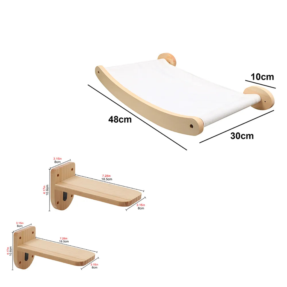 3 Pieces Wall Mounted Cat Bed Wooden Hammock and Jumping Platform Climbing Shelves and Sleeping Pet Furniture for Kitty