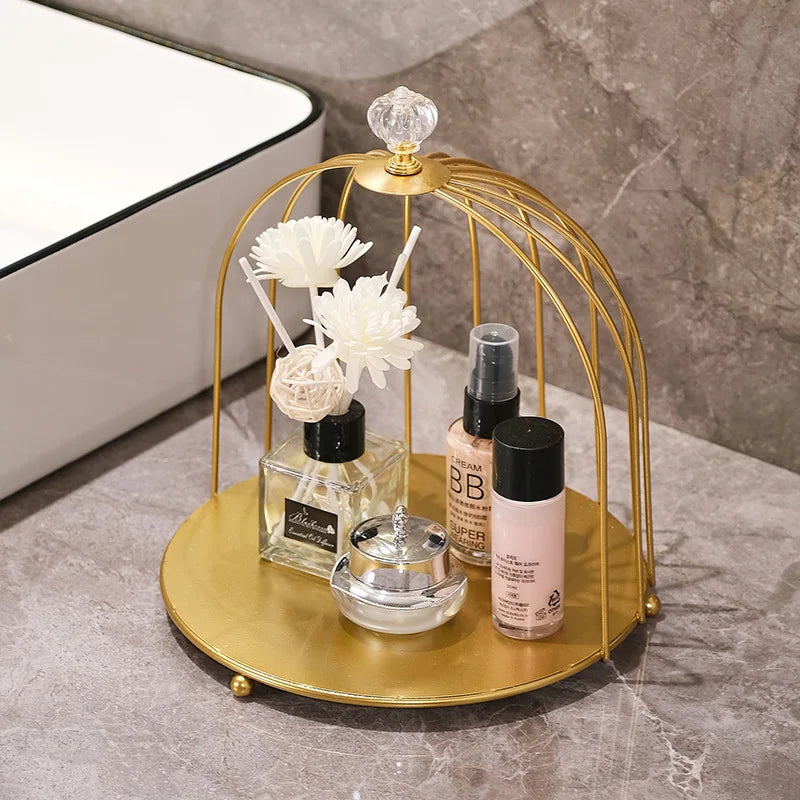 European Cosmetics Bathroom Tray Stand Storage Rack Crystal Metal Sundries Storage Tray Desktop Bird Cage Rack Home Decoration