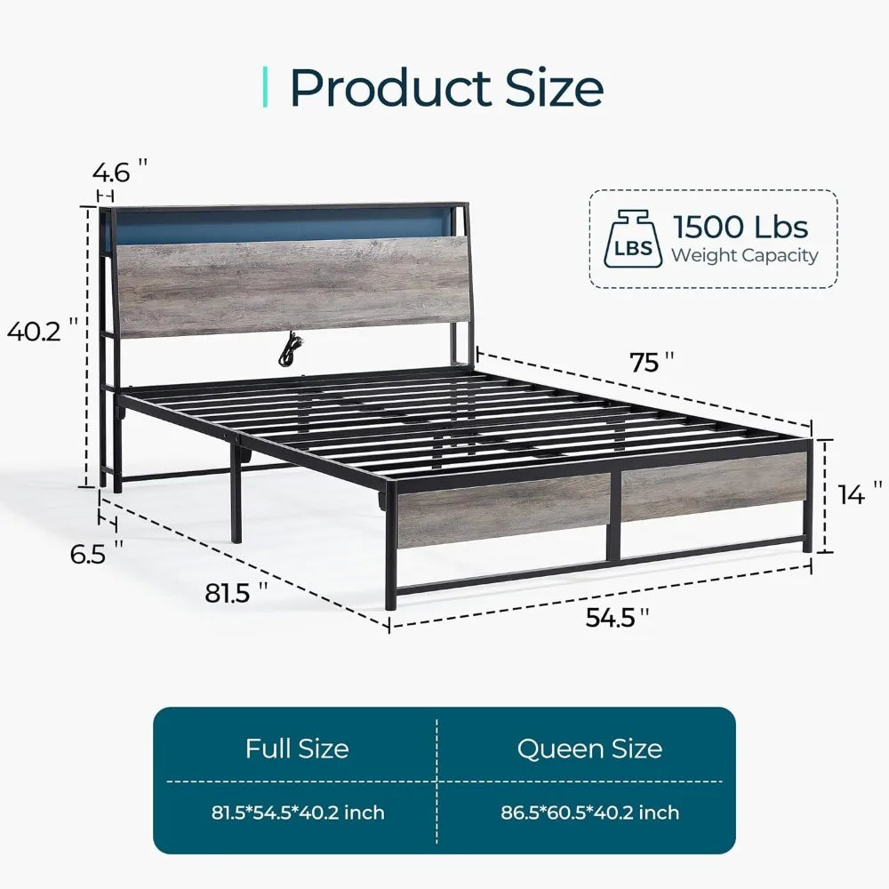 Full-size Bed Frame, Platform Metal Bed Frame with Light, Socket, Easy To Assemble, with Storage, No Spring Box Required, Grey