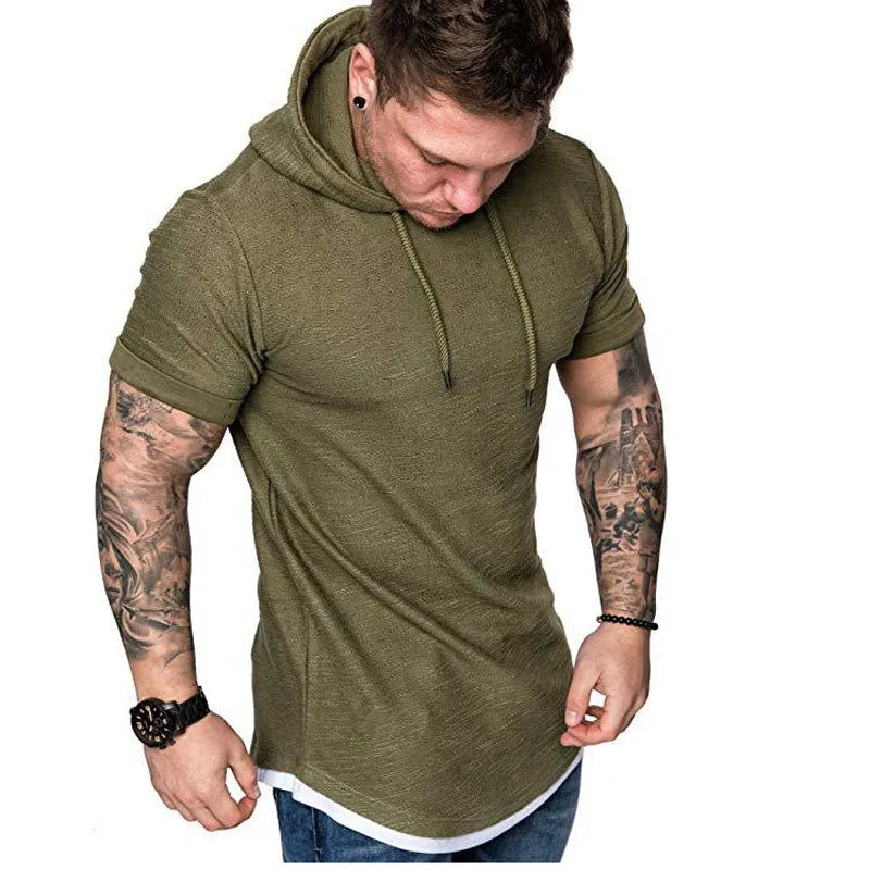 2023 New Men's Fashion Hooded Solid Color Short-Sleeved T-shirt Summer Casual Sports T Shirt Hoodies Clothing for Men MY073