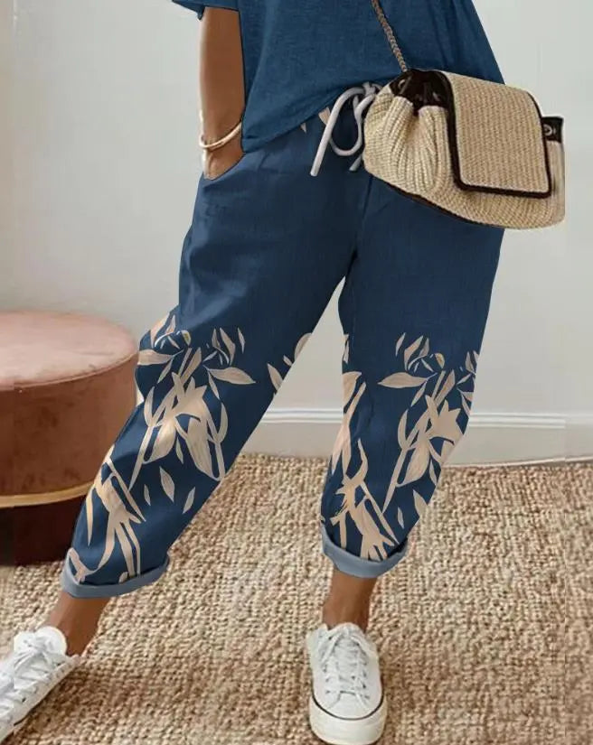 Women Fashion Trousers 2023 Summer European & American Women's Casual Clothing Floral Print Drawstring Cuffed Pants Female