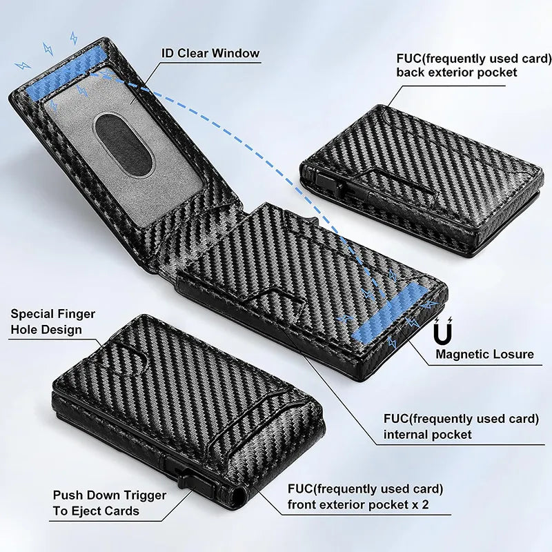 Men-Slim Minimalist Smart  Wallet RFID Blocking Pop Up Wallet Credit Card Holder Bifold Carbon Fiber Wallet