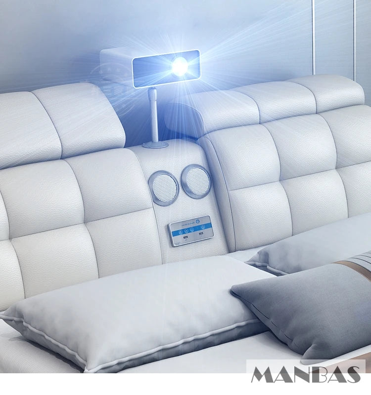 MANBAS Ultimate Tech Smart Bed - Multifunctional Bedframe with Genuine Leather and Bluetooth Speaker, Drawers, Projector, USB