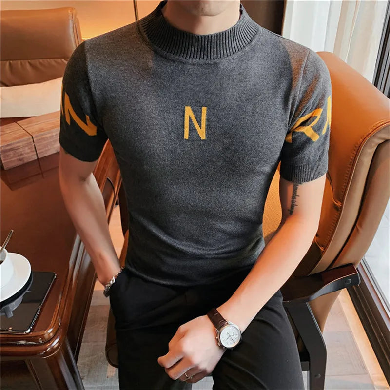 Summer New Letter Print Short Sleeve T-Shirt Men Clothing 2022 Korean O-neck Slim Fit Casual Knitted Tee Shirt Club Social Tee