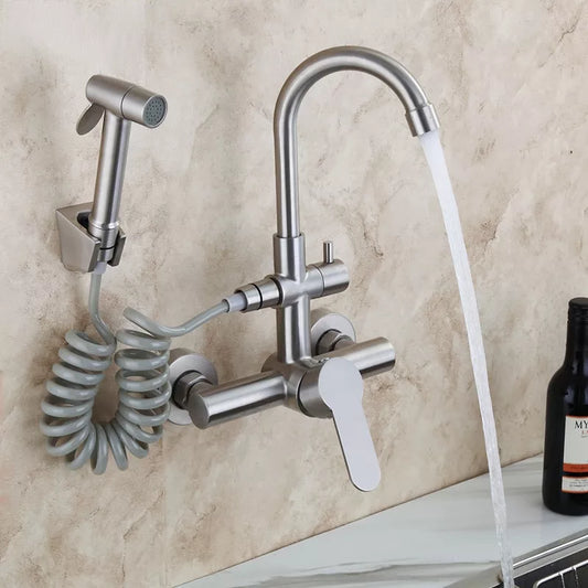 304 stainless steel Kitchen Sink Faucet Brushed Nickel Mixer Tap Stream Sprayer  Wall Installation