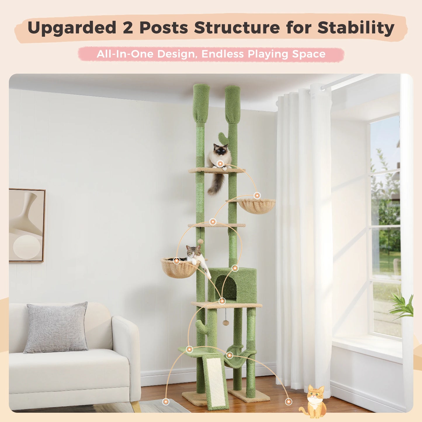 Adjustable 216-285cm Height Cactus Cat Tree with Condo Hammock High Cat Tower Scratching Post for Cat Jumping Platform Cat Toys