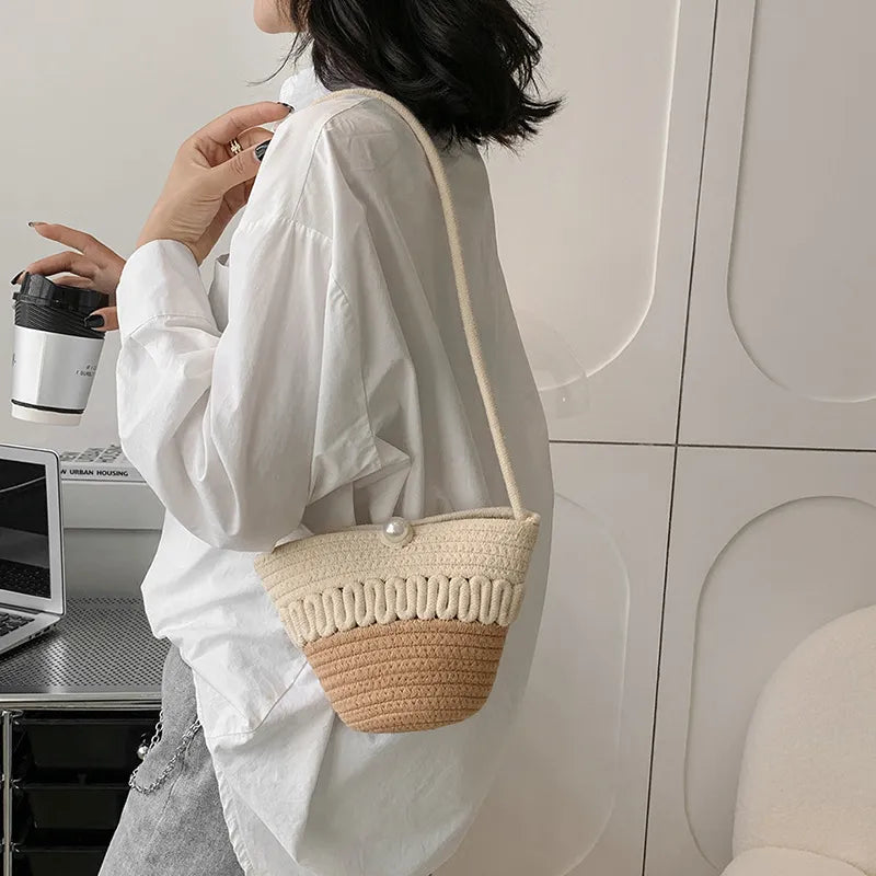 Cotton Rope Bucket Shoulder Bag For Women Handamade Woven Handbag Summer Beach Bag Drawstring Crossbody Bag Purse cute tote bag