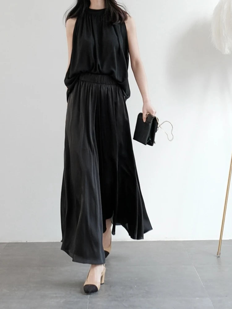 Satin Wide Leg Pants Summer New Korean Style Fashion Casual High Waist Loose Elegant Trouser Skirt Women's Clothing Office Lady