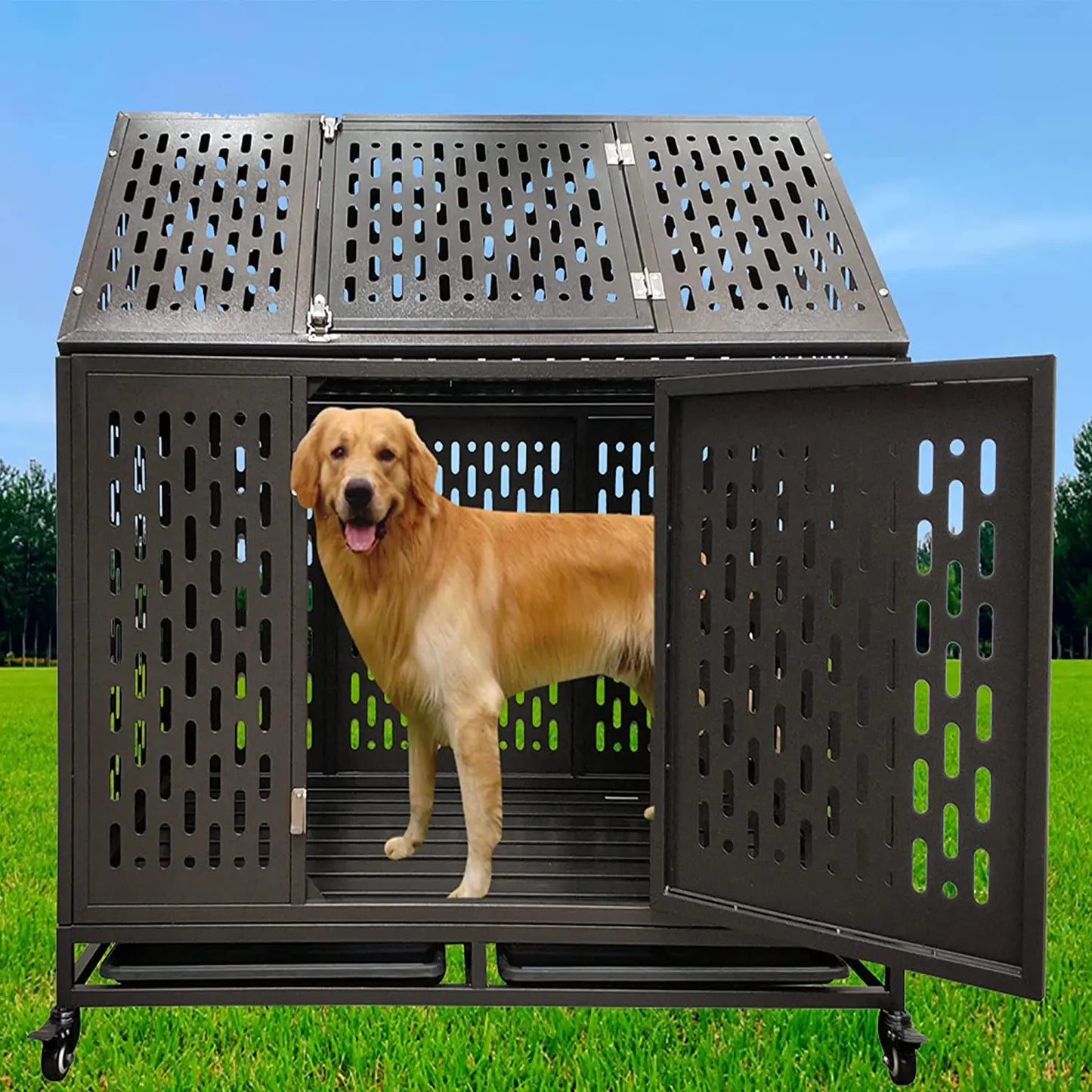 Heavy Duty Dog Crate Cage Kennel Strong Metal Plate Kennel Durable Indoor & Outdoor Kennel for Large Dogs roof Style