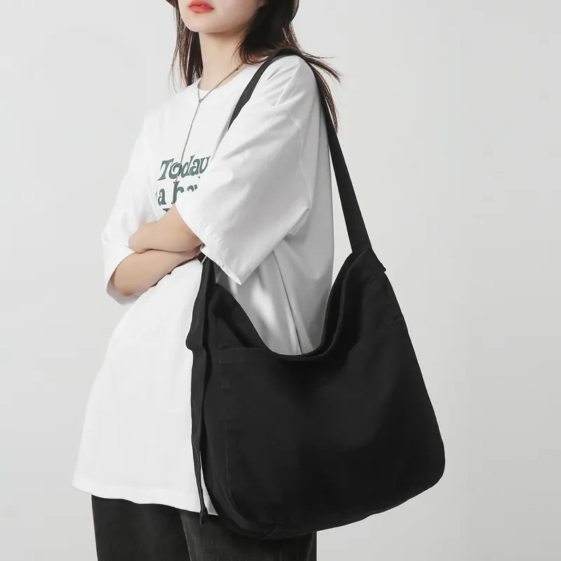 Women Casual Canvas School Crossbody Bags For Student Female Solid Color Large Capacity Tote Bag Trendy Cool Men Shoulder Bag