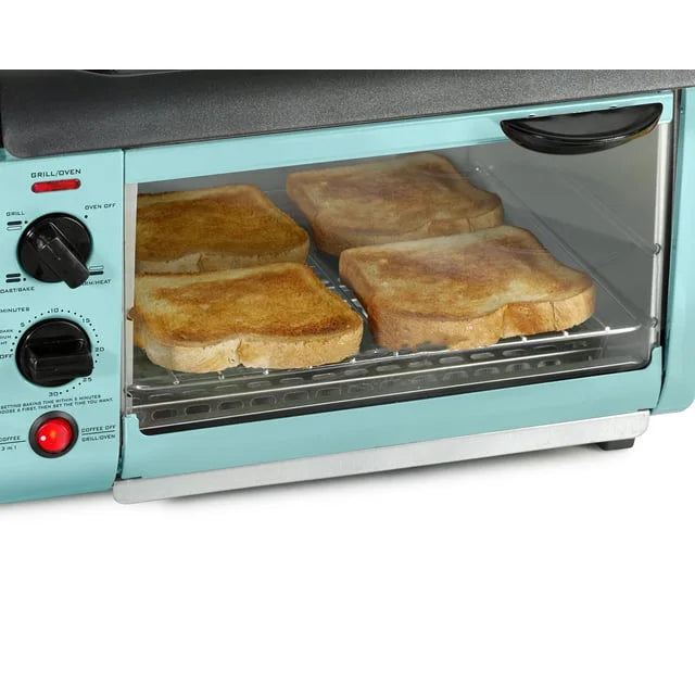 BST3AQ Retro 3-in-1 Family Size Electric Breakfast Station, Coffeemaker, Griddle, Toaster Oven - Aqua