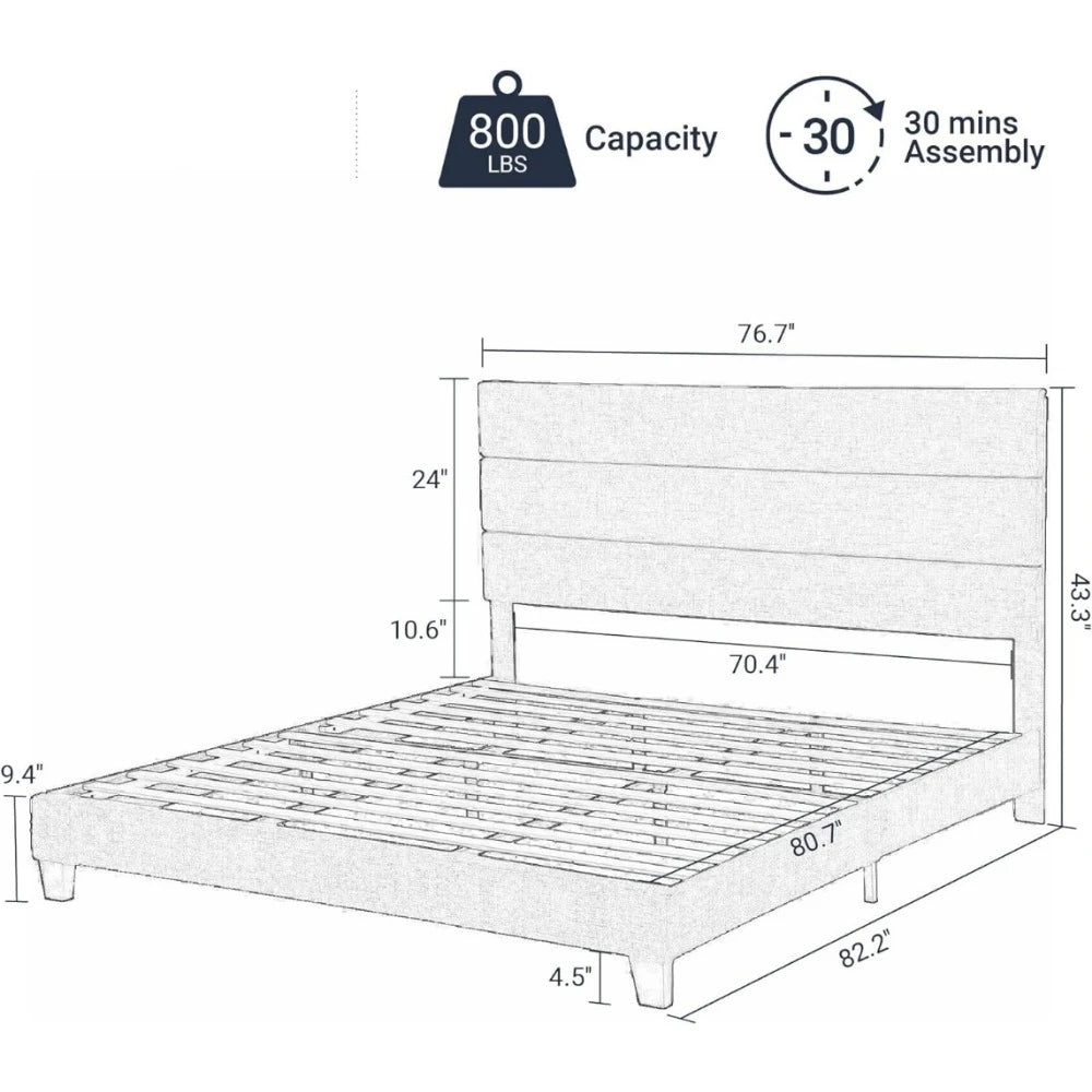 King Bed Frame Platform Bed With Fabric Upholstered Headboard and Wooden Slats Support Full Beds for Marriage Frane Bedroom Home