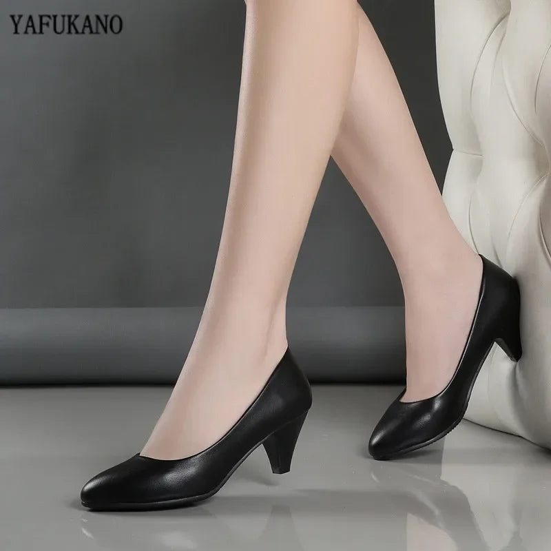 Plus Size 34-42 Women Leather Mid Heel Pumps 2023 New High Quality Shoes Classic Black High Heels Shoes for Office Ladies Shoes