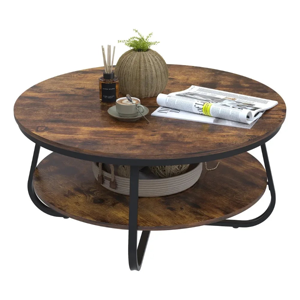 GEZEN Round Coffee Table with Open Storage, 38.5" Wood Sofa Table Rustic Accent Table with Sturdy Metal Legs for Living Room