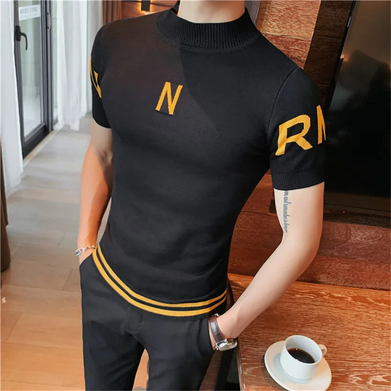 Summer New Letter Print Short Sleeve T-Shirt Men Clothing 2022 Korean O-neck Slim Fit Casual Knitted Tee Shirt Club Social Tee