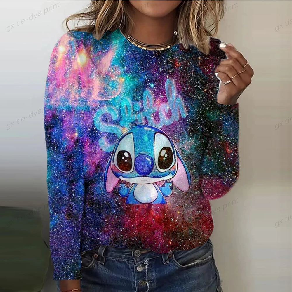 Disney Stitch Cartoon Print T-shirt Fashion Women's Clothing Spring And Autumn Basic Top Women's Long Sleeve T-shirt 2023