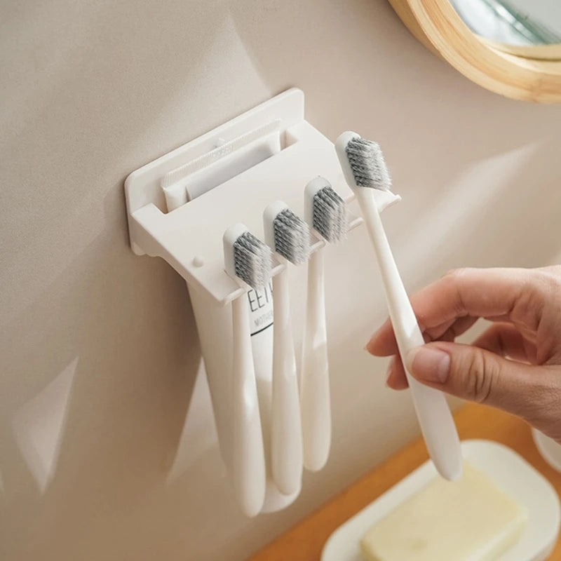 Wall Mounted 4-Slots Toothbrush Rack Multifunctional Mobile Phone Holder Toothpaste Dispenser Stand Bathroom Storage