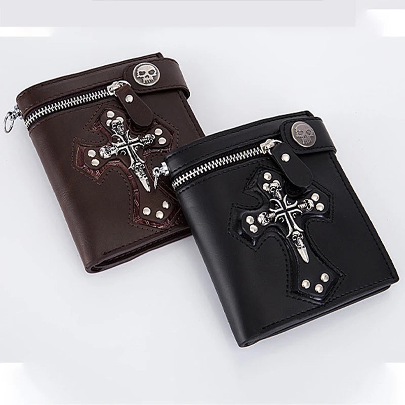 Fashion Cool PU Leather Punk Gothic Skull Cross Clutch Purse Wallets With Chain For Women Men