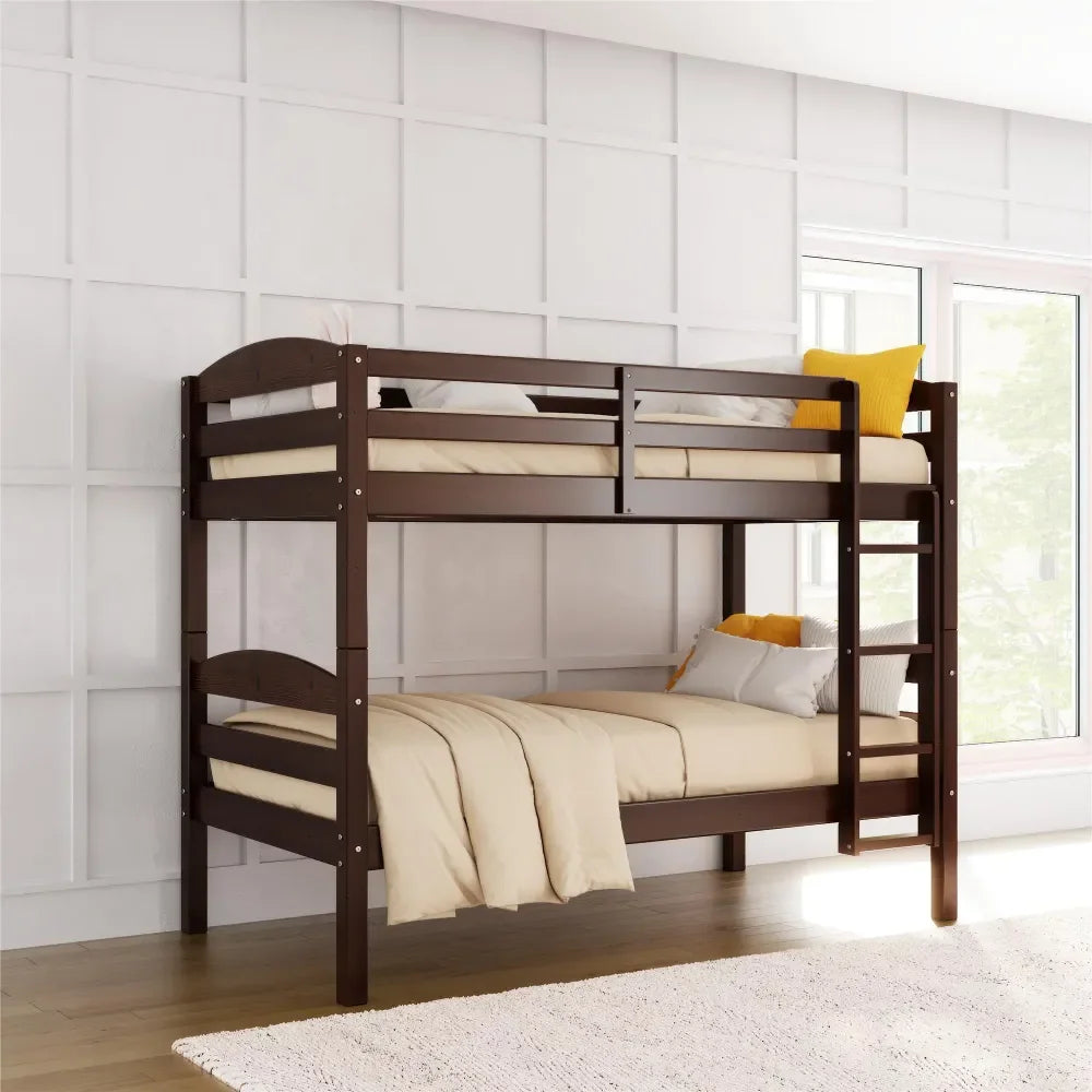 Homes Leighton Solid Wood Twin-over-Twin Convertible Bunk Bed, Mocha bedframe  bedroom furniture