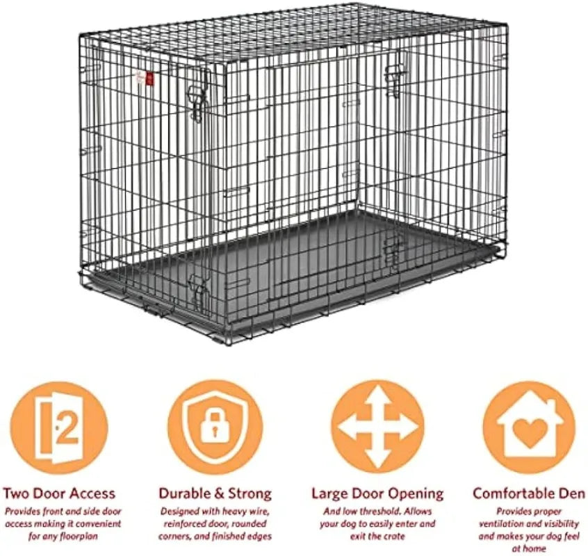 Pets XL Dog Crate | MidWest Life Stages Double Door Folding Metal Dog Crate , Floor Protecting Feet,48-Inch w/ Divider