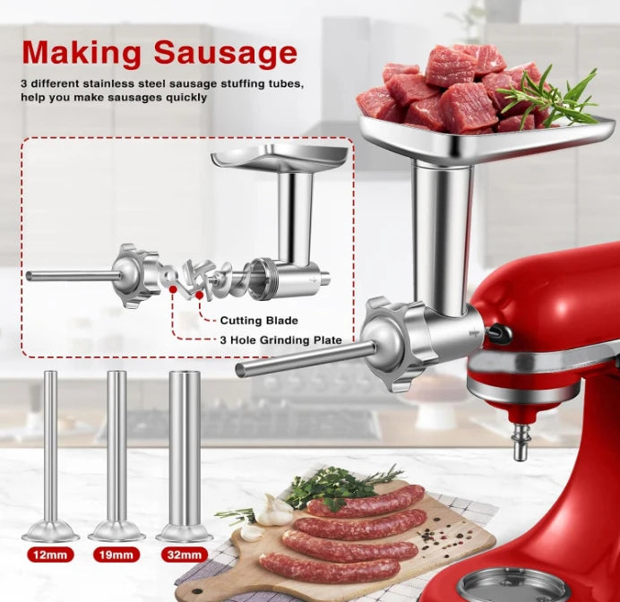 Metal food grinder accessories Mixer 3 sausage filling tubes 1 stand 4 grinding plates 2 grinding blades