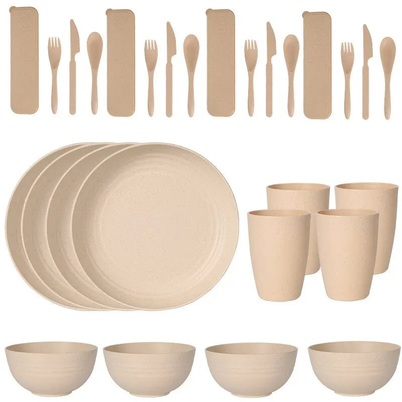 24PCS Home Outdoor Plastic Dining Plate Bowl Wheat Straw Plate Bowl Cup Knife Spoon Tableware Set