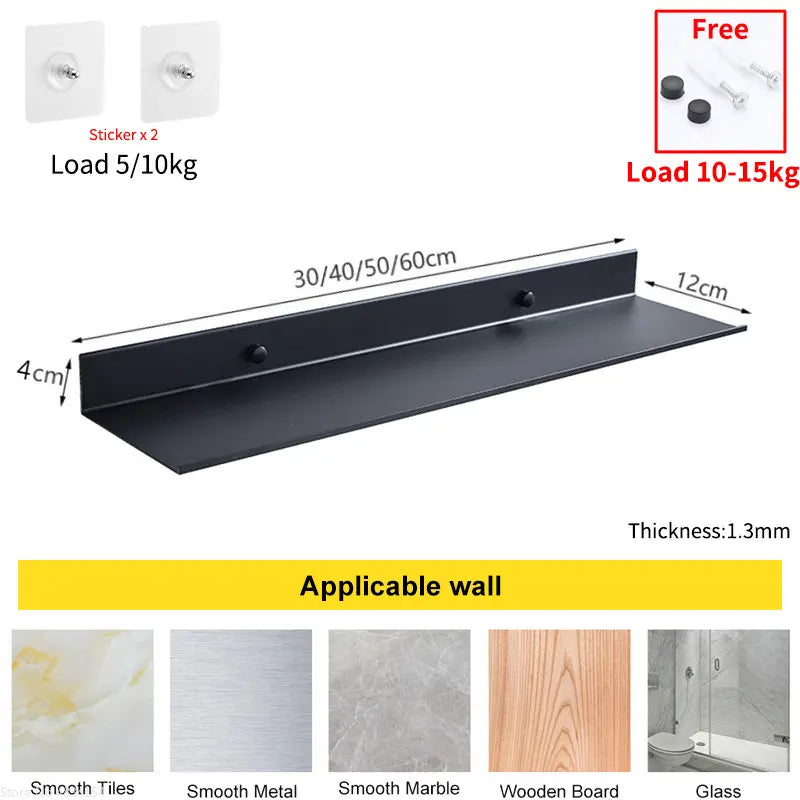 Punch Free Floating Shelves for Wall Storage Self-adhesive Rack 20-50cm Kitchen Home Decor Bathroom Accessorie Modern Matt Black