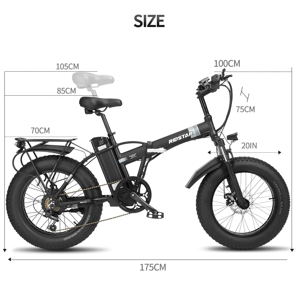 Ridstar E20 Folding Electric Bicycle 1000W 48v 14AH Fat Tire Ebike Mountain 20 Inch Electric Bikes Beach Cycling With Back Seat