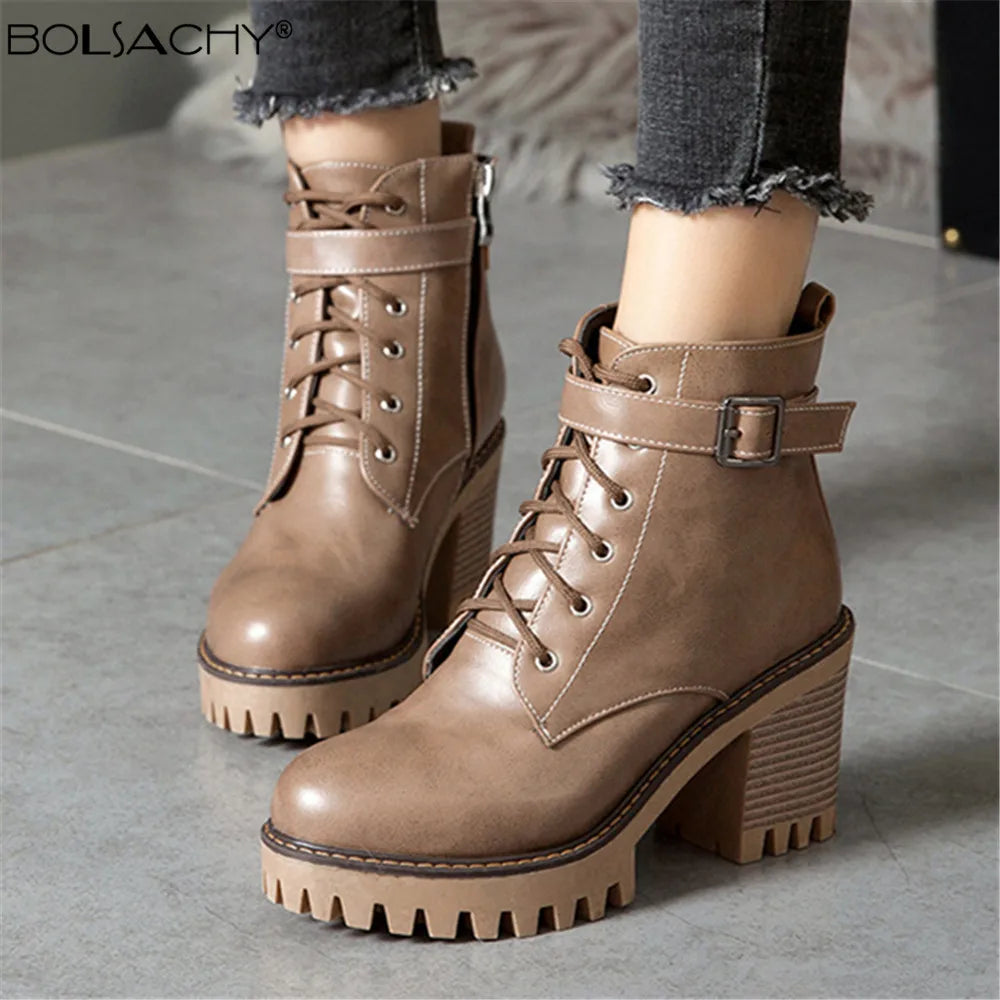 Boats Women 2023 New Winter Female High Heel Lace Up Ankle Boots Buckle Platform Artificial Leather Ladies Shoes Zapatos Mujer