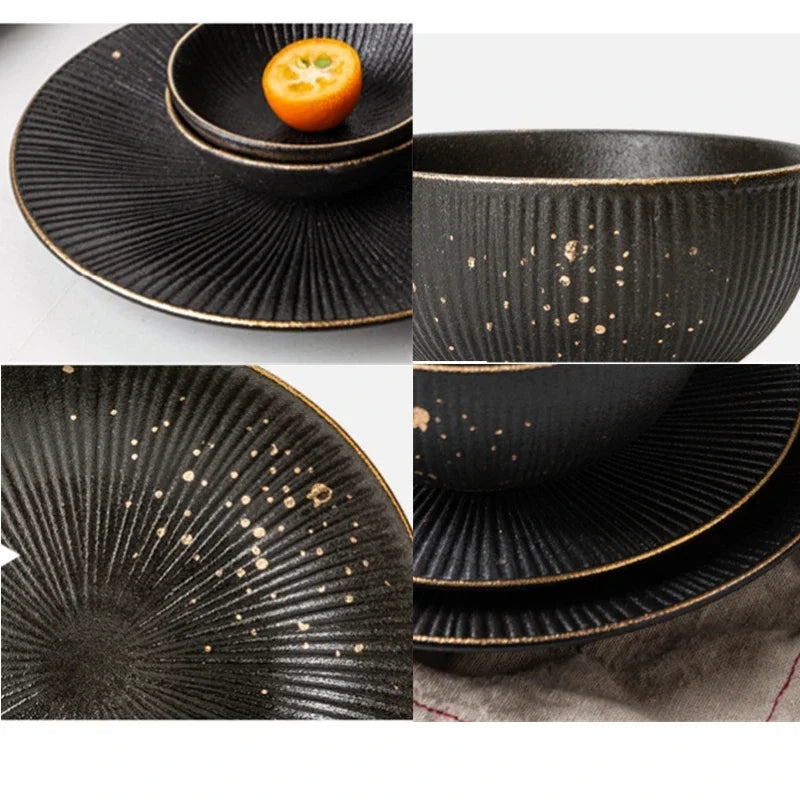 Phnom Penh Household Kitchen Tableware European Creative Steak Plate Black Ceramic Dishes Spoon  Bowl Dish Flatware Set