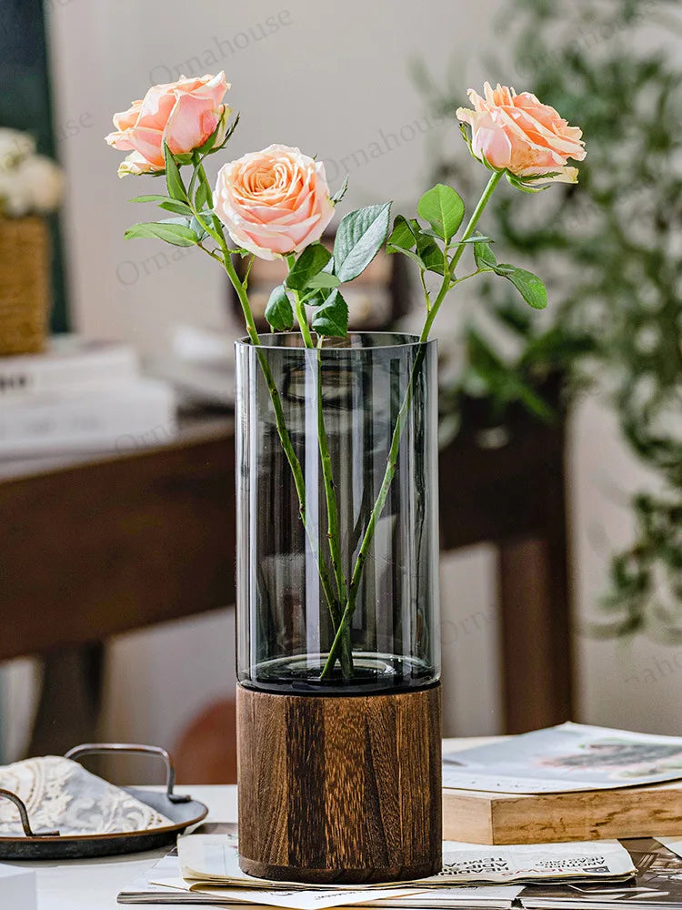 Modern Simple and Creative Glass Water-grown Flowers Wooden Base Vase Decoration Living Room Dining Table Flower Arrangement