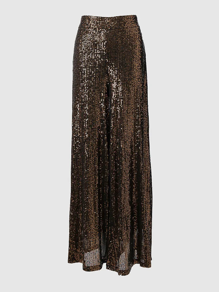 High Waist Sequin Flared Wide leg Pants All-Match new fashion yk2 Women's Clothing