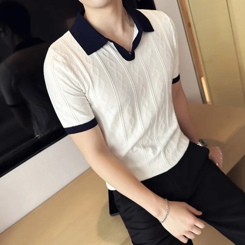 Men's Clothing Luxury Knit Polo Shirt Casual Striped Button Down Solid Color Short Sleeve T-Shirt for Men Breathable S-3XL