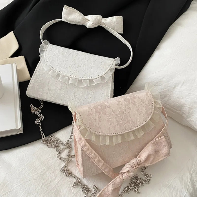 Elegant Lace Up Bow Handle Women Shoulder Bags Vintage Embossed Design Ladies Crossbody Bag Female Square Chain Clutch Handbags