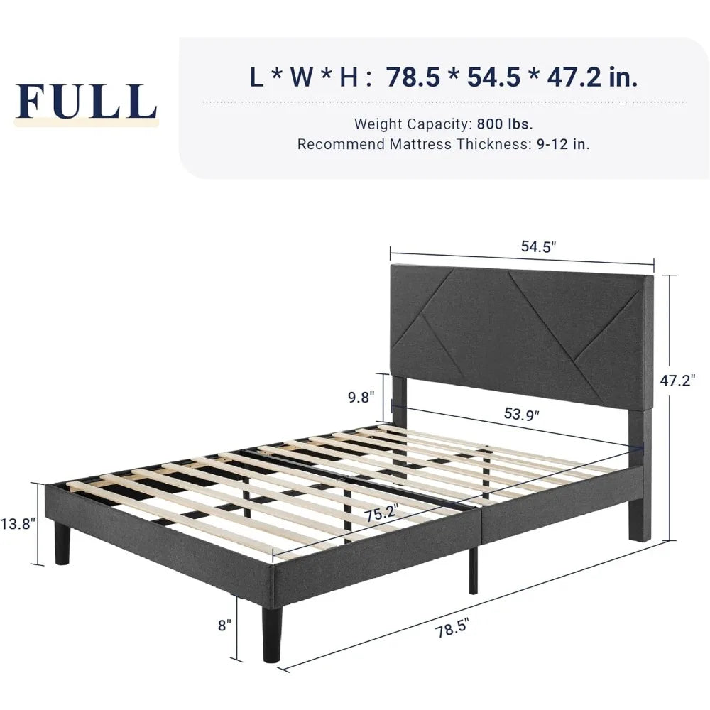 Full Size Upholstered Bed Frame with Geometric Headboard, Heavy-Duty Platform Bed, No Box Spring Needed, Dark Grey