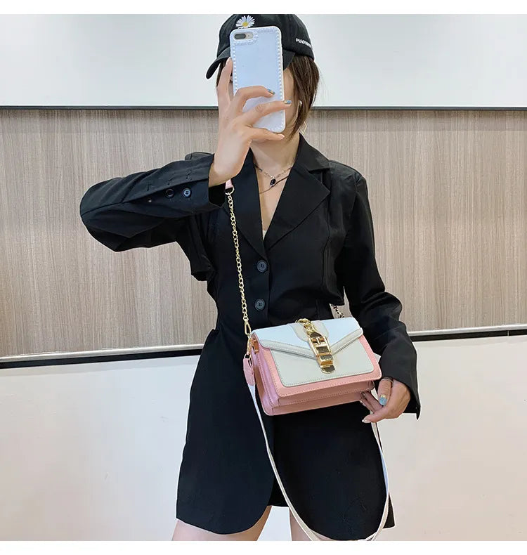 Fashion chain lady Sling bag Panelled color PU Leather Crossbody Bag For Women 2023 new Wide strap Shoulder Messenger Bag Ladies