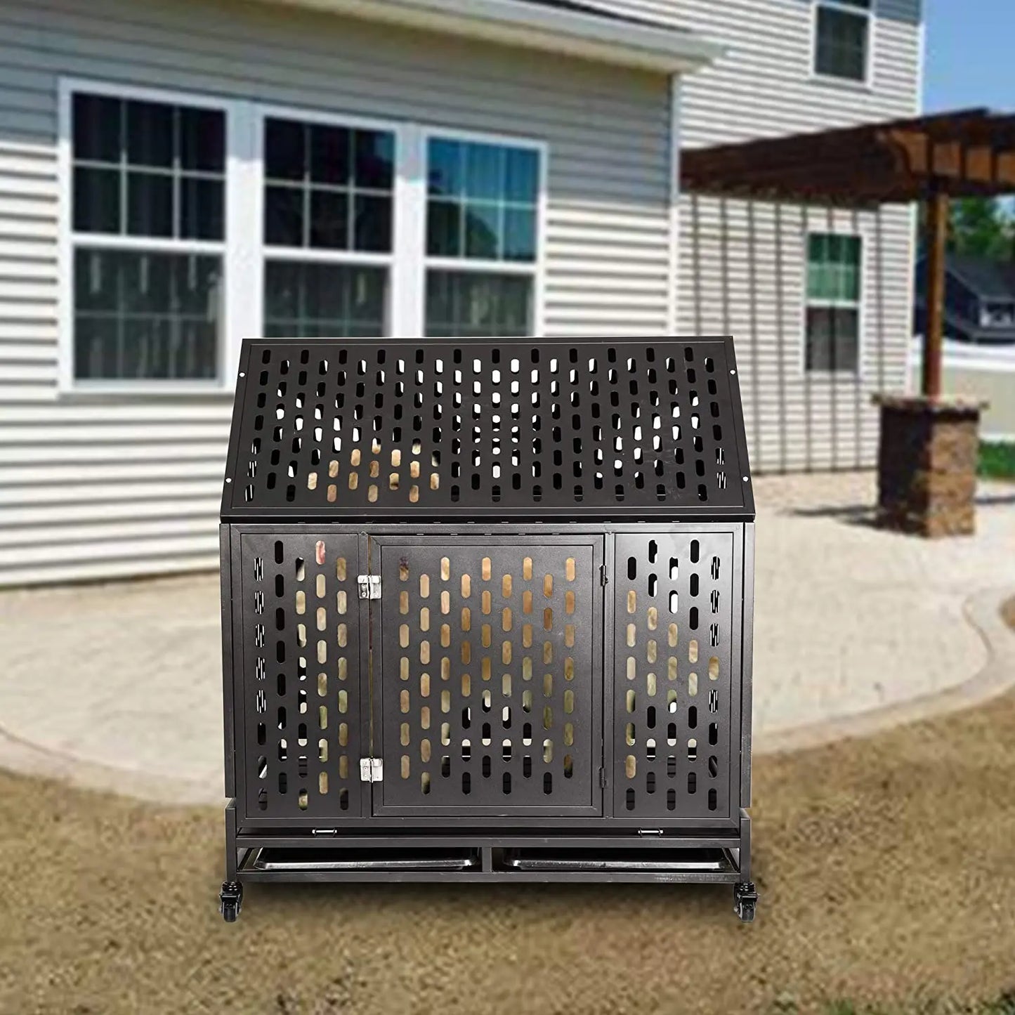 Heavy Duty Dog Crate Cage Kennel Strong Metal Plate Kennel Durable Indoor & Outdoor Kennel for Large Dogs roof Style